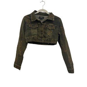 Platinum Plush Denim Cropped Jacket Womens M Olive Green Studded Embellished Col